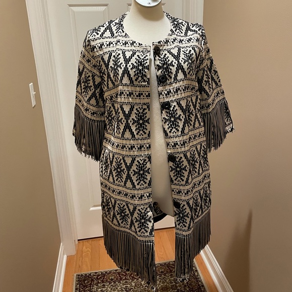 Didier Parakian Womens Black and Beige Patterned Long Blazer Jacket - Picture 2 of 12